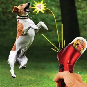 Pet Food Automatic Treat Catapult - Spring loaded auto Dog Feeder -Trigger Activated Fun Pet Treat Shooter with Wrist Strap